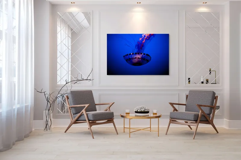 Tablou Canvas, "Meduza dansând în albastrul oceanului", Meduză, Lumină, Albastru, Frumusețe, Ocean, Grație, Mister, Eleganță, Tentacule, Natură., 150 x 100 cm – poza 7