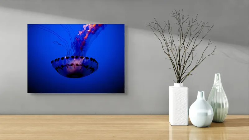 Tablou Canvas, "Meduza dansând în albastrul oceanului", Meduză, Lumină, Albastru, Frumusețe, Ocean, Grație, Mister, Eleganță, Tentacule, Natură., 54 x 39 cm – poza 3
