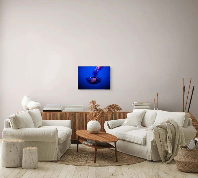 Tablou Canvas, "Meduza dansând în albastrul oceanului", Meduză, Lumină, Albastru, Frumusețe, Ocean, Grație, Mister, Eleganță, Tentacule, Natură., 54 x 39 cm – poza 5