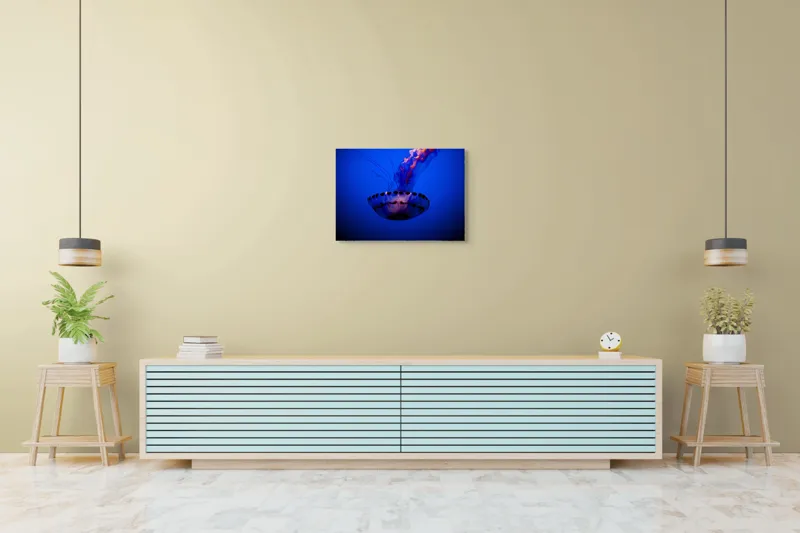 Tablou Canvas, "Meduza dansând în albastrul oceanului", Meduză, Lumină, Albastru, Frumusețe, Ocean, Grație, Mister, Eleganță, Tentacule, Natură., 70 x 50 cm – poza 7