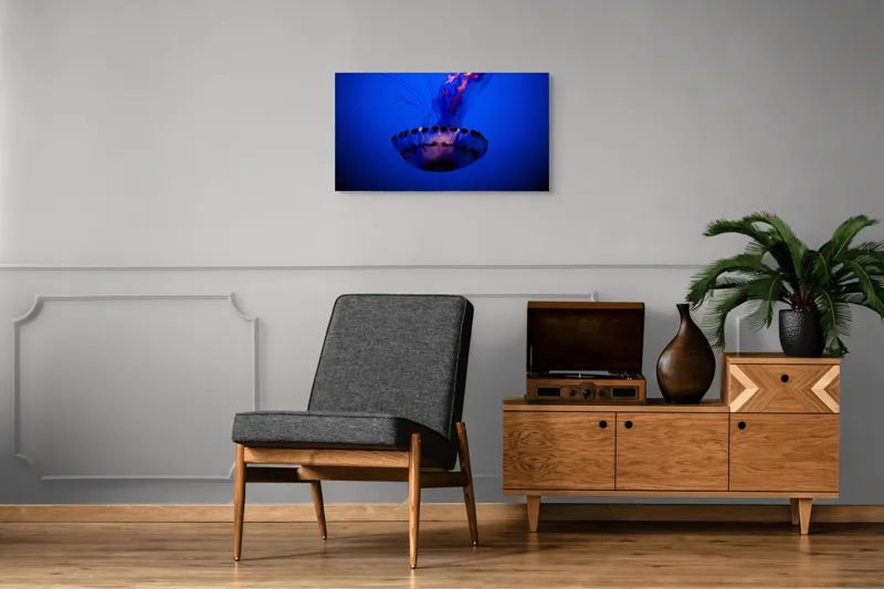 Tablou Canvas, "Meduza dansând în albastrul oceanului", Meduză, Lumină, Albastru, Frumusețe, Ocean, Grație, Mister, Eleganță, Tentacule, Natură., 90 x 50 cm – poza 6