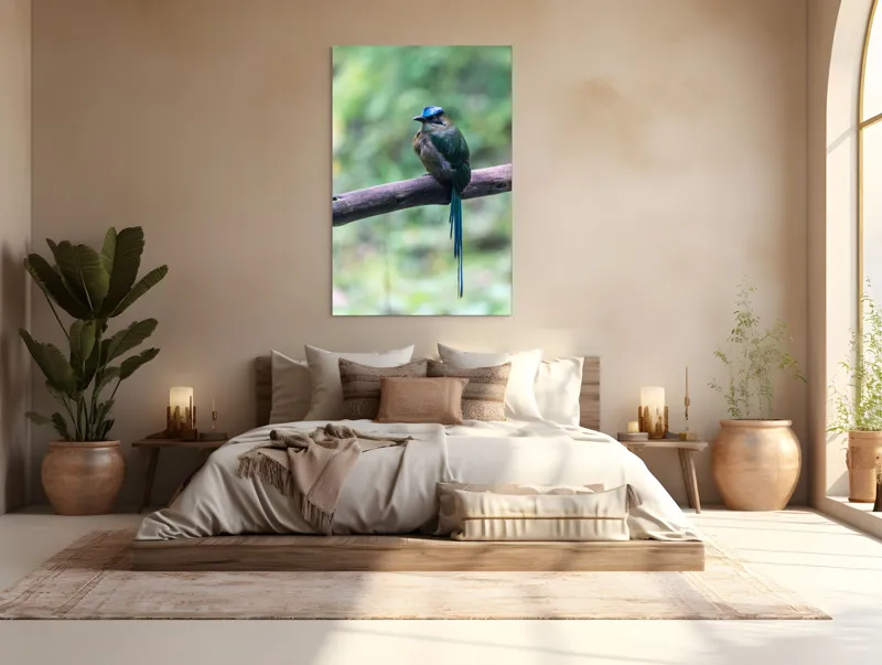 Tablou Canvas, "Pasărea cu creastă albastră pe creangă", Pasăre, Ramură, Penaj, Colorat, Coada, Lungă, Verde, Natură, Pădure, Exotism, 100 x 150 cm – poza 3