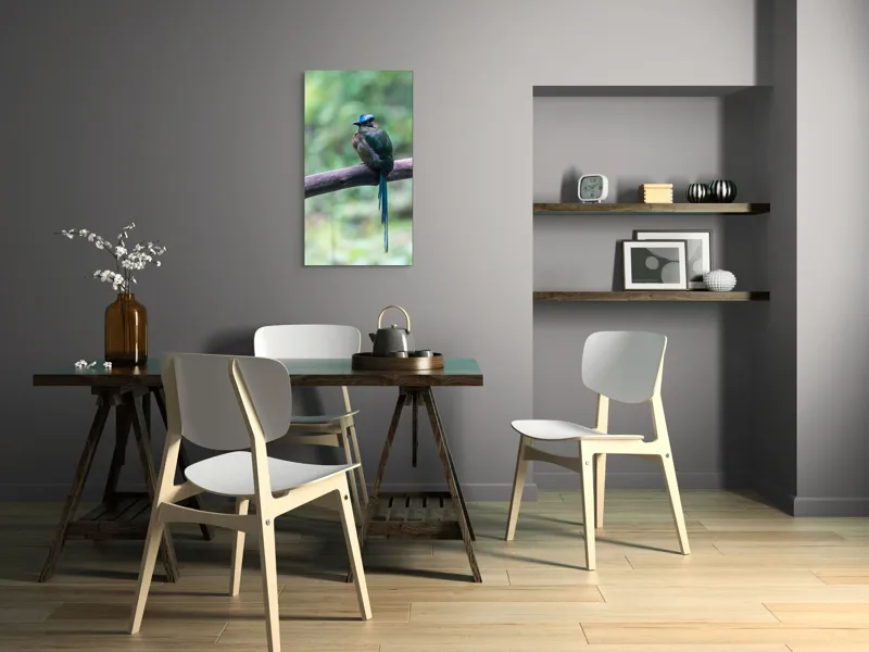 Tablou Canvas, "Pasărea cu creastă albastră pe creangă", Pasăre, Ramură, Penaj, Colorat, Coada, Lungă, Verde, Natură, Pădure, Exotism, 50 x 90 cm – poza 4