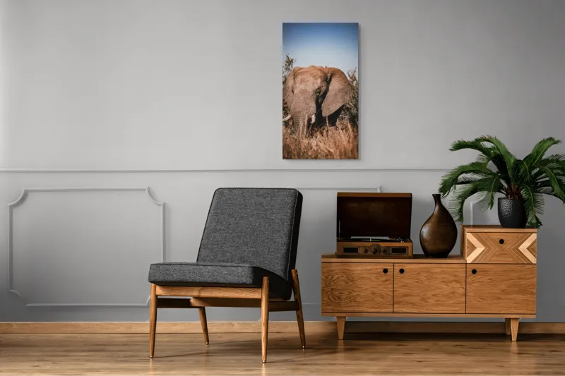 Tablou Canvas, "Elefantul în savana africană", Elefant, Natură, Vegetație, Tranquilitate, Măreție, Savană, Urechi, Trompă, Colți, Peisaj., 50 x 90 cm – poza 8