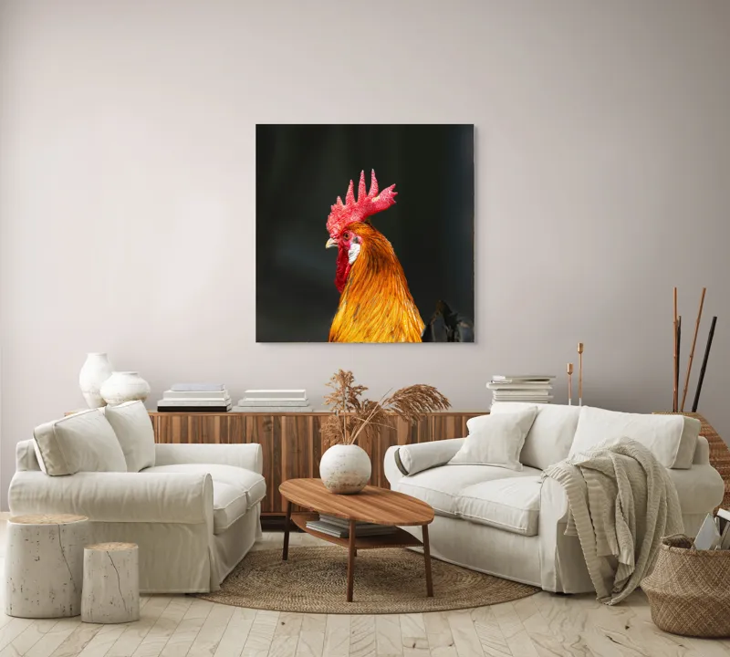 Tablou Canvas, "Cocoșul mândru al dimineții", Roșu, Penaj, Creastă, Strălucire, Vibrant., 100 x 100 cm – poza 3