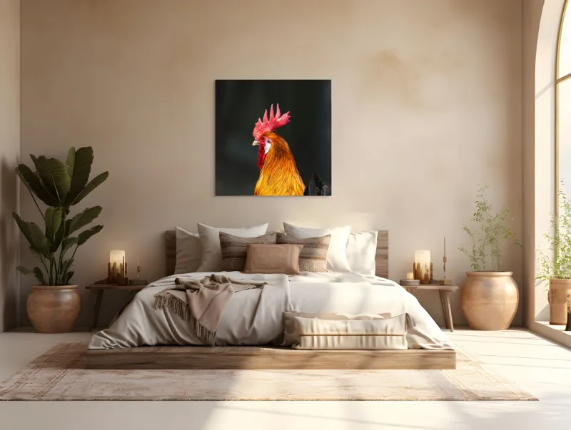Tablou Canvas, "Cocoșul mândru al dimineții", Roșu, Penaj, Creastă, Strălucire, Vibrant., 100 x 100 cm – poza 4