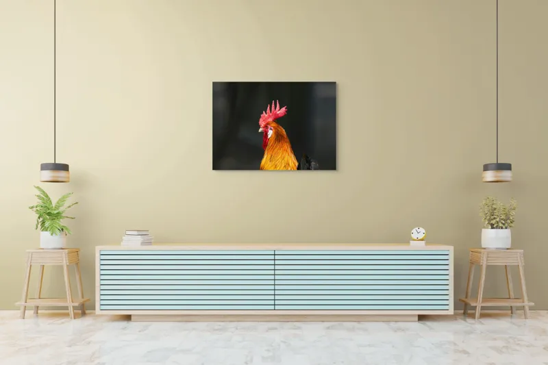Tablou Canvas, "Cocoșul mândru al dimineții", Roșu, Penaj, Creastă, Strălucire, Vibrant., 100 x 70 cm – poza 4