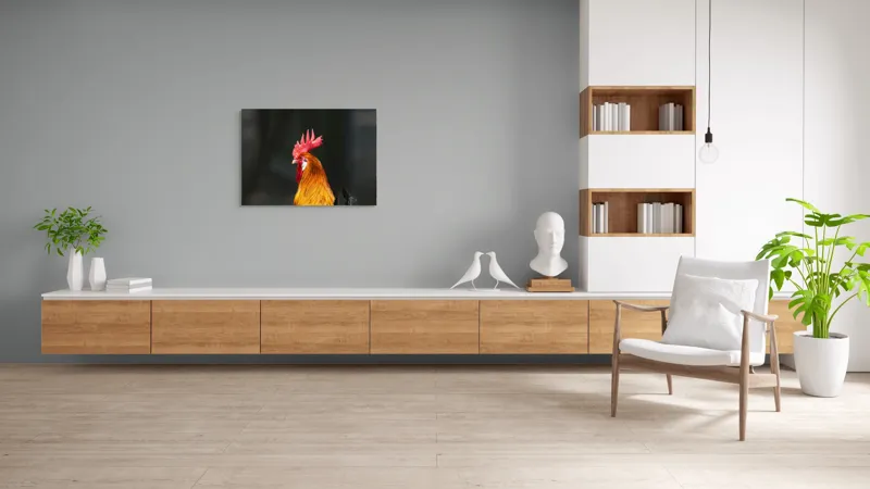 Tablou Canvas, "Cocoșul mândru al dimineții", Roșu, Penaj, Creastă, Strălucire, Vibrant., 100 x 70 cm – poza 6