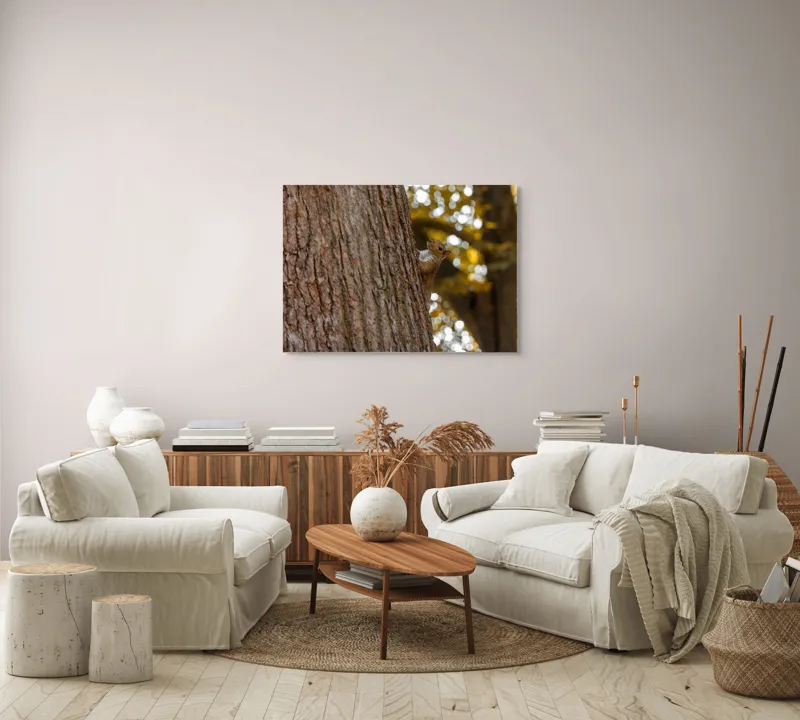 Tablou Canvas Veveriță pe Copac, Natură și Frunze de Toamnă Maro, 100 x 70 cm – poza 3