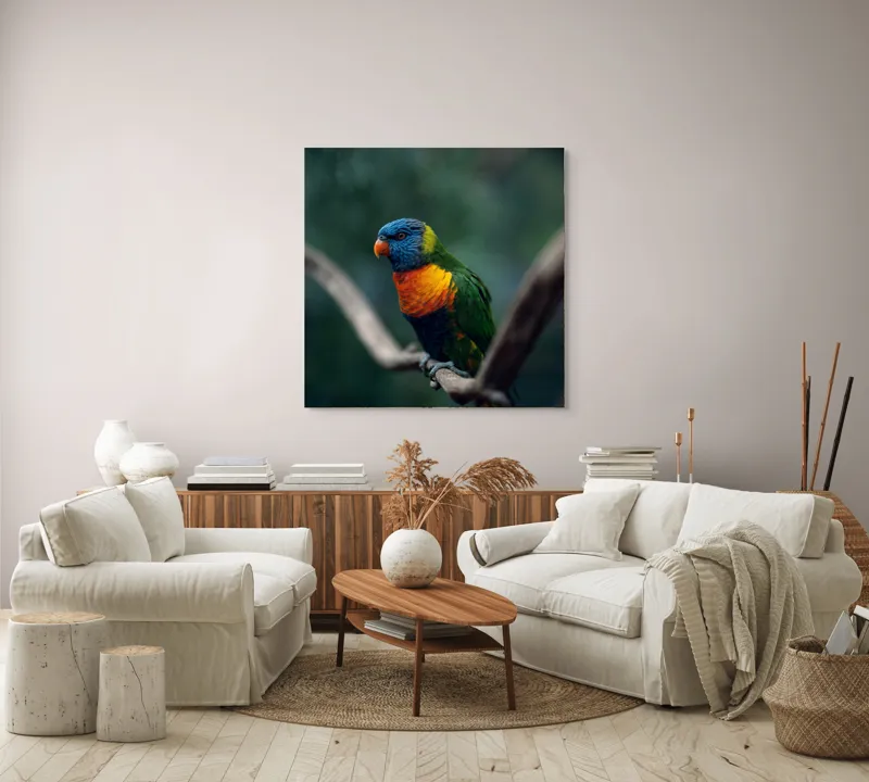 Tablou Canvas, "Papagal viu colorat pe creanga", Pene, Colorat, Pasăre, Ramură, Fundal, Portocaliu, Albastru, Verde, Zvelt, Exotic, 100 x 100 cm – poza 3