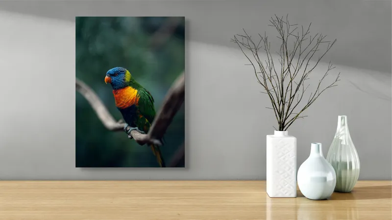 Tablou Canvas, "Papagal viu colorat pe creanga", Pene, Colorat, Pasăre, Ramură, Fundal, Portocaliu, Albastru, Verde, Zvelt, Exotic, 39 x 54 cm – poza 4