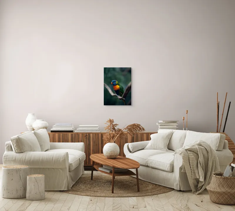 Tablou Canvas, "Papagal viu colorat pe creanga", Pene, Colorat, Pasăre, Ramură, Fundal, Portocaliu, Albastru, Verde, Zvelt, Exotic, 39 x 54 cm – poza 5