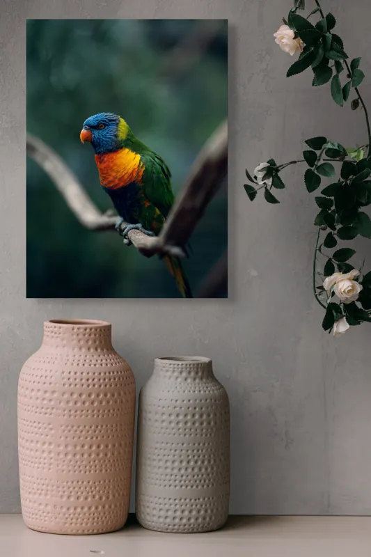 Tablou Canvas, "Papagal viu colorat pe creanga", Pene, Colorat, Pasăre, Ramură, Fundal, Portocaliu, Albastru, Verde, Zvelt, Exotic, 39 x 54 cm – poza 6