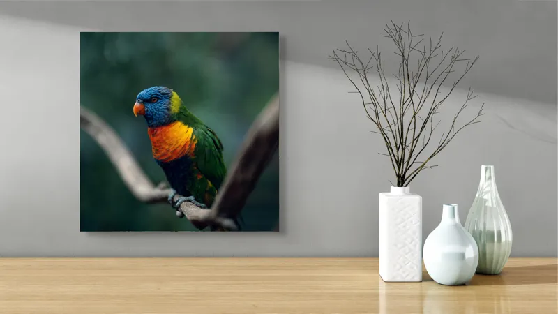 Tablou Canvas, "Papagal viu colorat pe creanga", Pene, Colorat, Pasăre, Ramură, Fundal, Portocaliu, Albastru, Verde, Zvelt, Exotic, 50 x 50 cm – poza 3