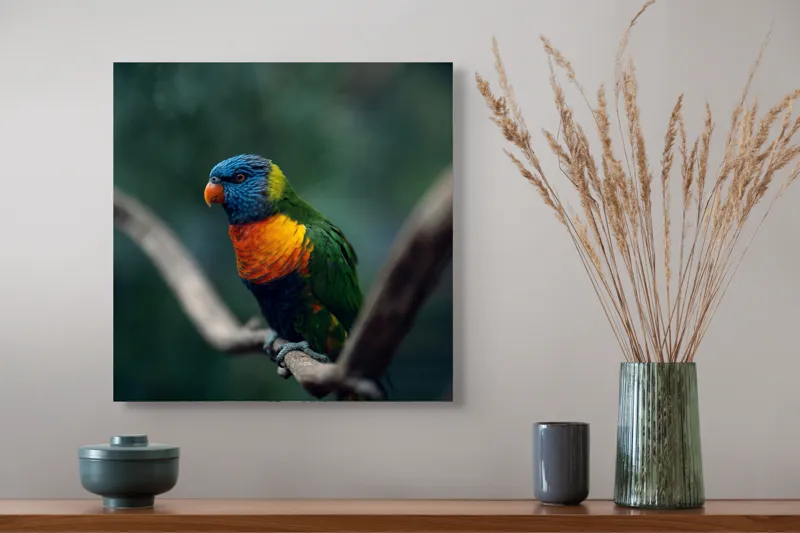 Tablou Canvas, "Papagal viu colorat pe creanga", Pene, Colorat, Pasăre, Ramură, Fundal, Portocaliu, Albastru, Verde, Zvelt, Exotic, 50 x 50 cm – poza 4