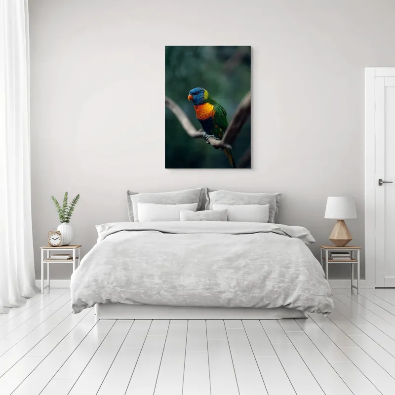Tablou Canvas, "Papagal viu colorat pe creanga", Pene, Colorat, Pasăre, Ramură, Fundal, Portocaliu, Albastru, Verde, Zvelt, Exotic, 70 x 100 cm – poza 3