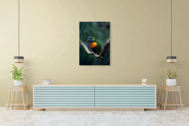 Tablou Canvas, "Papagal viu colorat pe creanga", Pene, Colorat, Pasăre, Ramură, Fundal, Portocaliu, Albastru, Verde, Zvelt, Exotic, 70 x 100 cm – poza 5