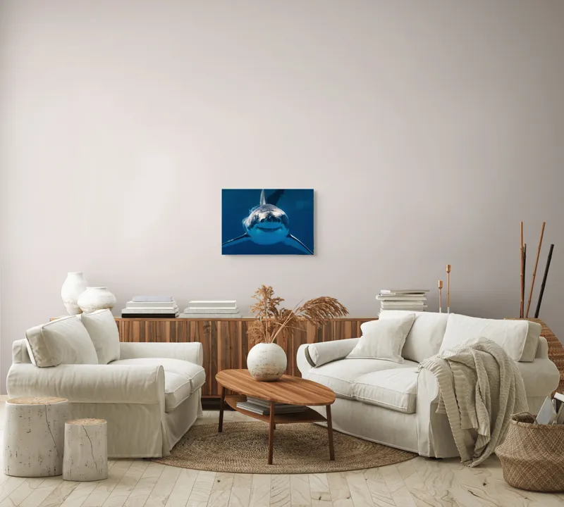 Tablou Canvas, "Întâlnire cu rechinul alb mare", Rechin, Albastru, Ocean, Putere, Mister, Silentiozitate, Adanc., 54 x 39 cm – poza 5