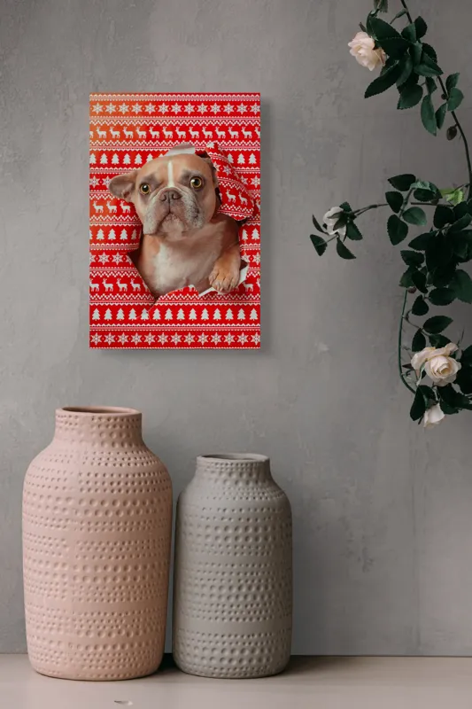 Tablou Canvas Bulldog surpriză de Crăciun, Câine Adorabil, 26 x 39 cm – poza 6
