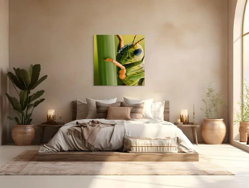 Tablou Canvas, "Lăcusta în prim-plan verde vibrant", Verde, Insectă, Ochii Mari, Antene, Frunză, Textură, Natură, Detaliu., 100 x 100 cm – poza 4