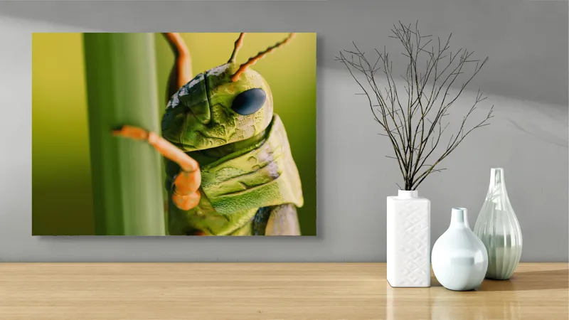 Tablou Canvas, "Lăcusta în prim-plan verde vibrant", Verde, Insectă, Ochii Mari, Antene, Frunză, Textură, Natură, Detaliu., 70 x 50 cm – poza 3