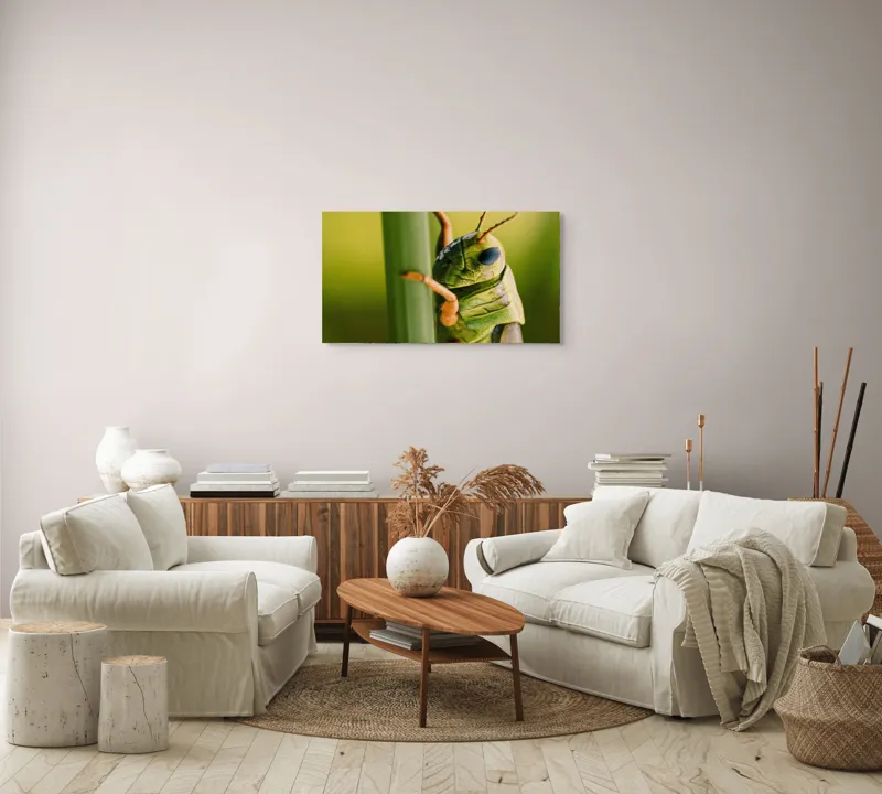 Tablou Canvas, "Lăcusta în prim-plan verde vibrant", Verde, Insectă, Ochii Mari, Antene, Frunză, Textură, Natură, Detaliu., 90 x 50 cm – poza 4