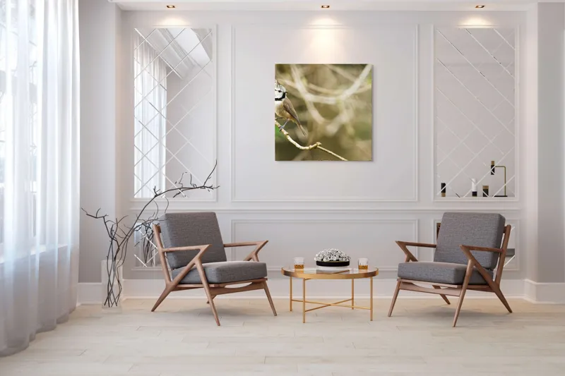 Tablou Canvas, "Păsăruica sprințară pe ramură uscată", Pasăre, Creastă, Creangă, Pene, Natură, Delicatețe, Observație, Ochii, Plutire, Echilibru, 100 x 100 cm – poza 7