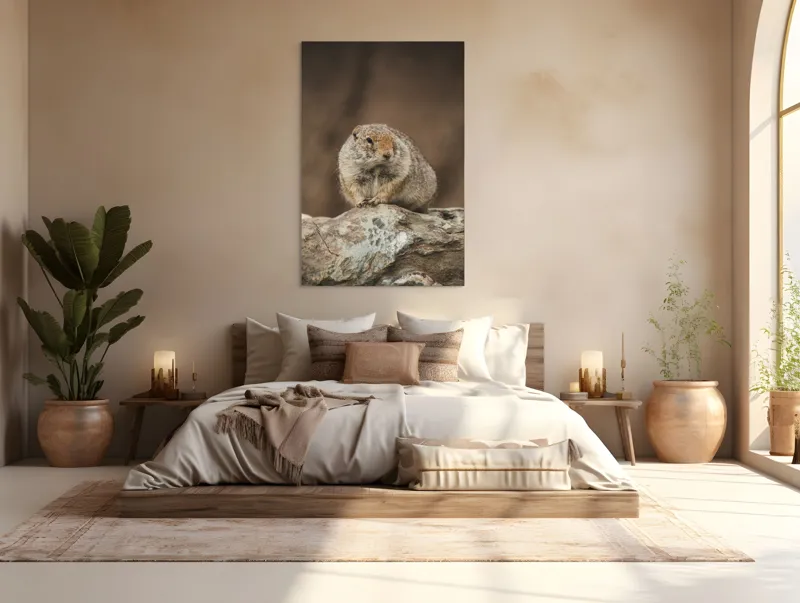 Tablou Canvas, "Mic rozător pe piatră rece", Marmotă, Blană, Stâncă, Natură, Calm, Observare, Curiozitate, Pădure., 100 x 150 cm – poza 3