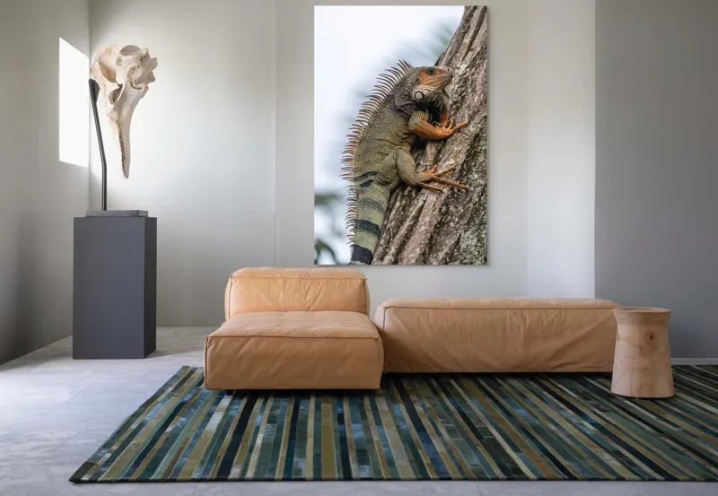 Tablou Canvas, "Iguana cocoțată pe trunchiul copacului", Iguana, Arbore, Solzi, Spini, Natură, Cățărare, Verde, Coamă, Textură, Mediu., 100 x 150 cm – poza 7
