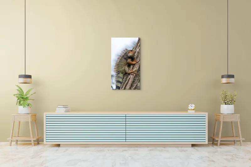 Tablou Canvas, "Iguana cocoțată pe trunchiul copacului", Iguana, Arbore, Solzi, Spini, Natură, Cățărare, Verde, Coamă, Textură, Mediu., 50 x 90 cm – poza 6