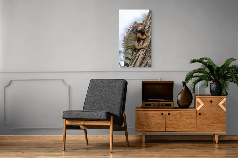 Tablou Canvas, "Iguana cocoțată pe trunchiul copacului", Iguana, Arbore, Solzi, Spini, Natură, Cățărare, Verde, Coamă, Textură, Mediu., 50 x 90 cm – poza 8
