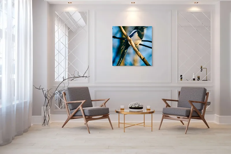 Tablou Canvas, "Coțofana în lumina dimineții de toamnă", Pasăre, Cracă, Cer, Pene, Natură, Contrast, Lumină, Frumusețe, Eleganță, Verticalitate, 100 x 100 cm – poza 7