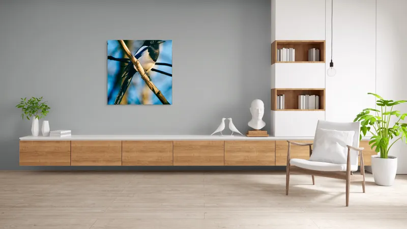 Tablou Canvas, "Coțofana în lumina dimineții de toamnă", Pasăre, Cracă, Cer, Pene, Natură, Contrast, Lumină, Frumusețe, Eleganță, Verticalitate, 100 x 100 cm – poza 8