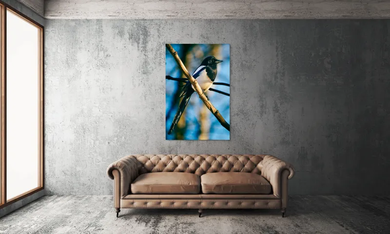 Tablou Canvas, "Coțofana în lumina dimineții de toamnă", Pasăre, Cracă, Cer, Pene, Natură, Contrast, Lumină, Frumusețe, Eleganță, Verticalitate, 100 x 150 cm – poza 6