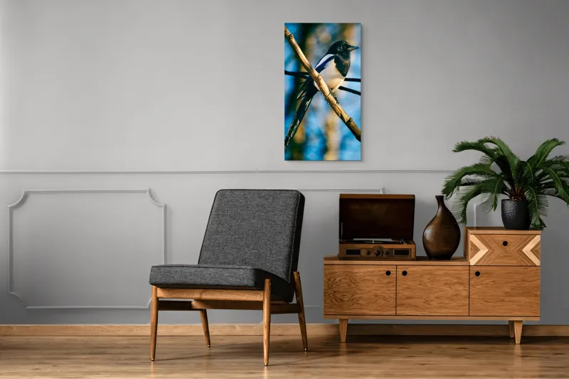 Tablou Canvas, "Coțofana în lumina dimineții de toamnă", Pasăre, Cracă, Cer, Pene, Natură, Contrast, Lumină, Frumusețe, Eleganță, Verticalitate, 50 x 90 cm – poza 8