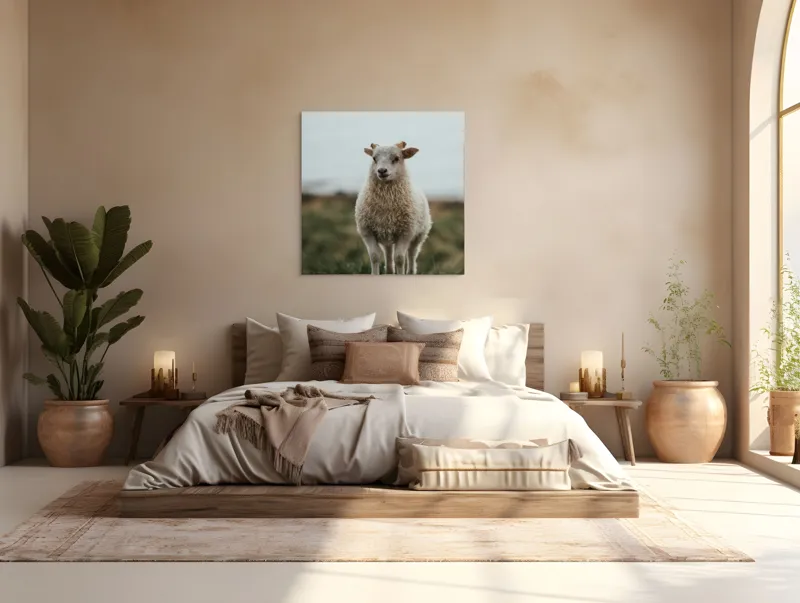Tablou Canvas, "Mielul pe dealul înverzit", Pufos, Blând, Miel, Natura, Hornuri, Verde, Noroi, Cer, Singuratic, Tacut, 100 x 100 cm – poza 4