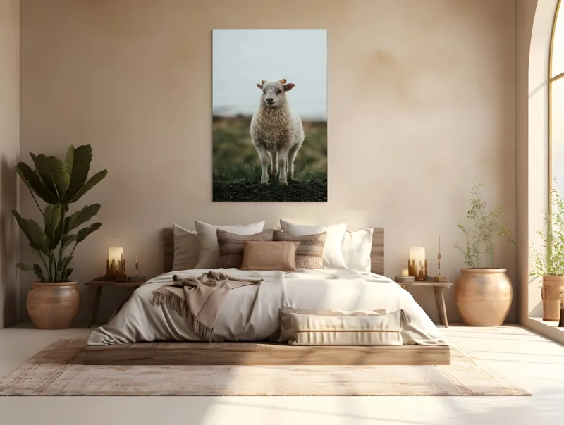 Tablou Canvas, "Mielul pe dealul înverzit", Pufos, Blând, Miel, Natura, Hornuri, Verde, Noroi, Cer, Singuratic, Tacut, 100 x 150 cm – poza 3