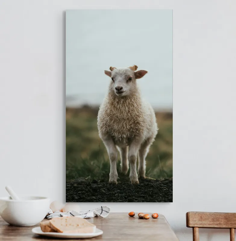 Tablou Canvas, "Mielul pe dealul înverzit", Pufos, Blând, Miel, Natura, Hornuri, Verde, Noroi, Cer, Singuratic, Tacut, 50 x 90 cm – poza 3