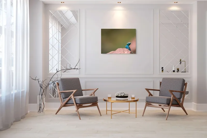 Tablou Canvas, "Șopârla albastră pe stâncă roșiatică", Albastru, Șopârlă, Stâncă, Verde, Natură, Privește, Solitar, Fundal, Blând, 100 x 70 cm – poza 5