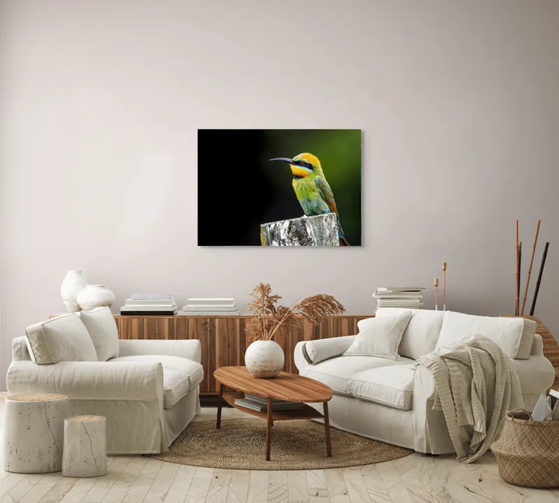 Tablou Canvas, "Pasărea în culori vibrante pe stâlp", Colorat, Vibrant, Păsărește, Exuberant, Splendid, Luminos, Natură, Contraste, Feeric, Exotic, 100 x 70 cm – poza 3