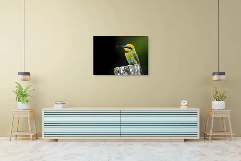 Tablou Canvas, "Pasărea în culori vibrante pe stâlp", Colorat, Vibrant, Păsărește, Exuberant, Splendid, Luminos, Natură, Contraste, Feeric, Exotic, 100 x 70 cm – poza 4