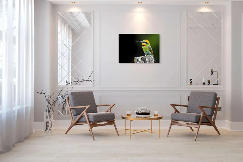 Tablou Canvas, "Pasărea în culori vibrante pe stâlp", Colorat, Vibrant, Păsărește, Exuberant, Splendid, Luminos, Natură, Contraste, Feeric, Exotic, 100 x 70 cm – poza 5