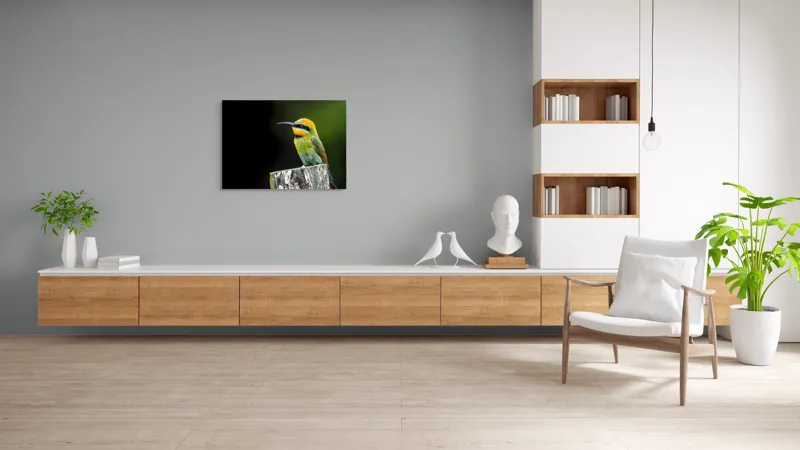 Tablou Canvas, "Pasărea în culori vibrante pe stâlp", Colorat, Vibrant, Păsărește, Exuberant, Splendid, Luminos, Natură, Contraste, Feeric, Exotic, 100 x 70 cm – poza 6