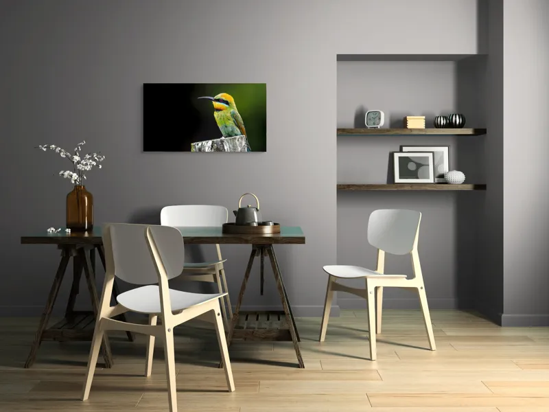 Tablou Canvas, "Pasărea în culori vibrante pe stâlp", Colorat, Vibrant, Păsărește, Exuberant, Splendid, Luminos, Natură, Contraste, Feeric, Exotic, 90 x 50 cm – poza 3