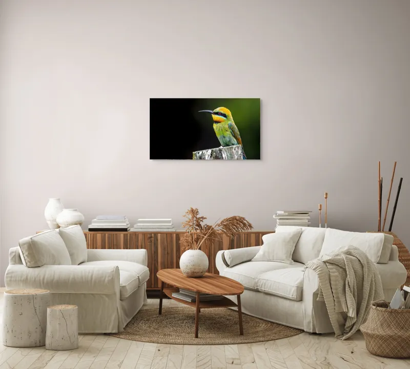 Tablou Canvas, "Pasărea în culori vibrante pe stâlp", Colorat, Vibrant, Păsărește, Exuberant, Splendid, Luminos, Natură, Contraste, Feeric, Exotic, 90 x 50 cm – poza 4