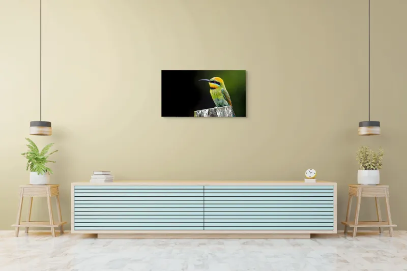 Tablou Canvas, "Pasărea în culori vibrante pe stâlp", Colorat, Vibrant, Păsărește, Exuberant, Splendid, Luminos, Natură, Contraste, Feeric, Exotic, 90 x 50 cm – poza 5