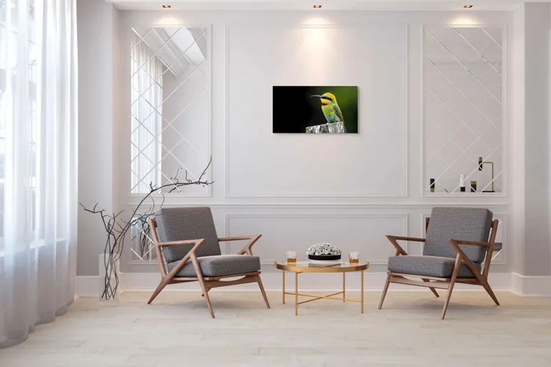 Tablou Canvas, "Pasărea în culori vibrante pe stâlp", Colorat, Vibrant, Păsărește, Exuberant, Splendid, Luminos, Natură, Contraste, Feeric, Exotic, 90 x 50 cm – poza 7