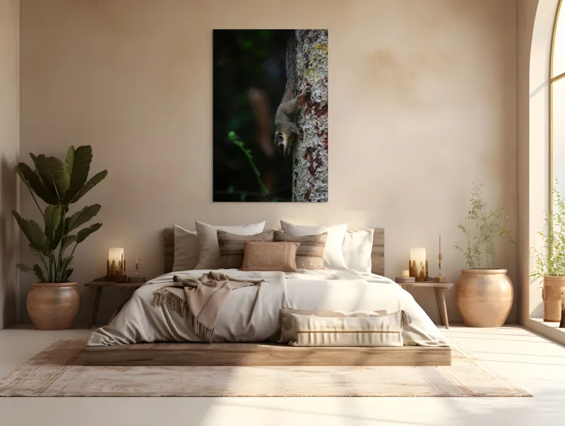 Tablou Canvas, "Veverița agilă pe trunchiul copacului", Veveriță, Copac, Natură, Culoare, Verde, Lumină, Blană, Aventura, Agilitate, Echilibru, Frunziș, Trepidație, Natural, Observare, Curiozitate, 100 x 150 cm – poza 3