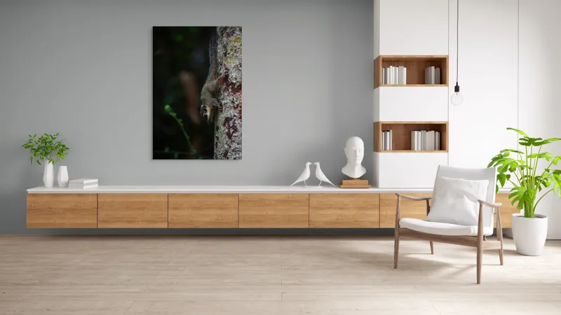 Tablou Canvas, "Veverița agilă pe trunchiul copacului", Veveriță, Copac, Natură, Culoare, Verde, Lumină, Blană, Aventura, Agilitate, Echilibru, Frunziș, Trepidație, Natural, Observare, Curiozitate, 100 x 150 cm – poza 8