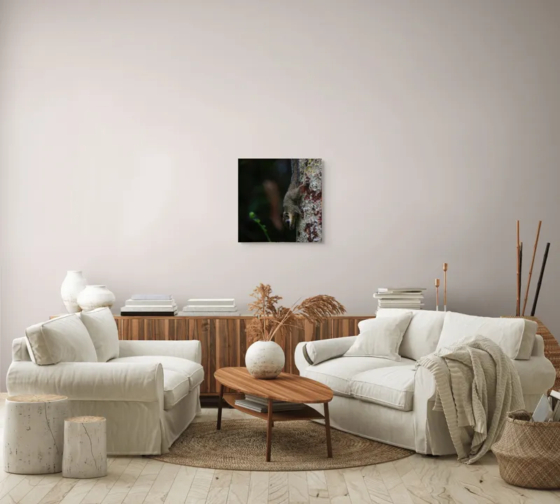 Tablou Canvas, "Veverița agilă pe trunchiul copacului", Veveriță, Copac, Natură, Culoare, Verde, Lumină, Blană, Aventura, Agilitate, Echilibru, Frunziș, Trepidație, Natural, Observare, Curiozitate, 50 x 50 cm – poza 7